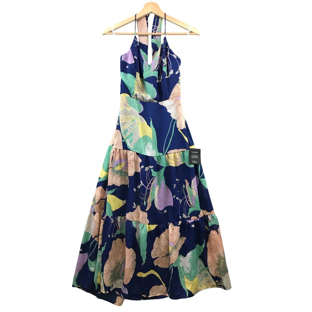New Lulus‎ Hours of Flowers Blue Multi Floral Lace-Up Tiered Midi Dress M